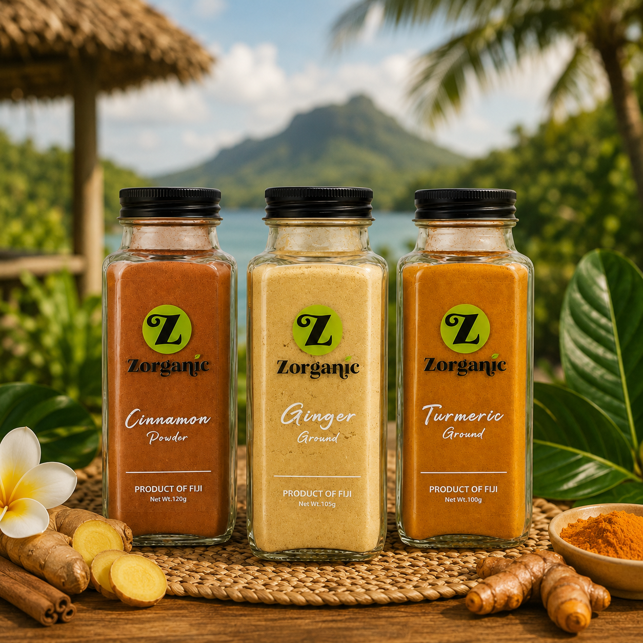 Zorganic cinnamon, ginger and turmeric jars on a table in Fiji