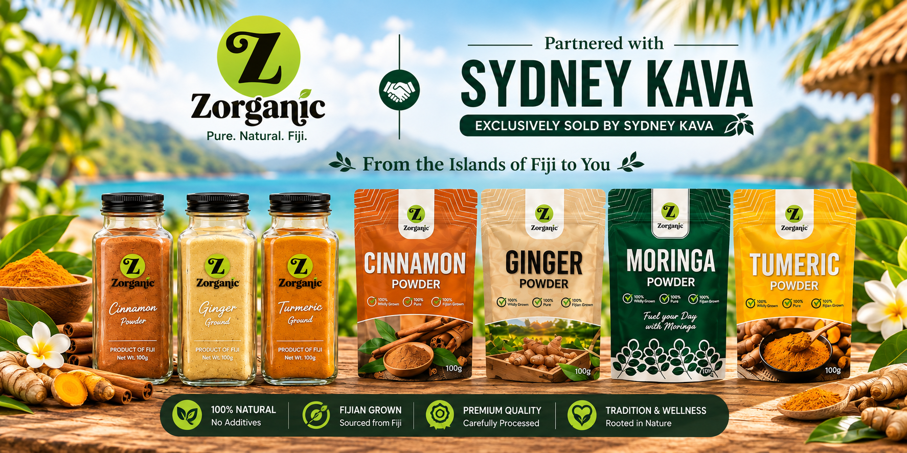 Zorganic — partnered with Sydney Kava. Cinnamon, ginger, moringa and turmeric powders from Fiji.